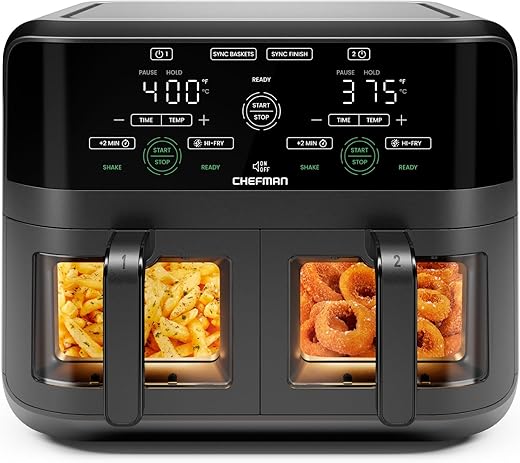 Chefman 6 Quart Dual Basket Air Fryer Oven With Easy View Windows, Sync Finish, Hi-Fry, Auto Shutoff, 2 Independent 3Qt Nonstick Dishwasher Safe Frying Baskets, Digital Double Air Fryer - Black