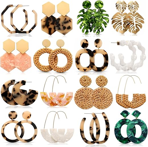 16 Pairs Trendy Acrylic Rattan Earrings For Women-Fashion Summer Beach Statement Earrings Resin Dangle Drop Earrings Vacation Gift Jewelry