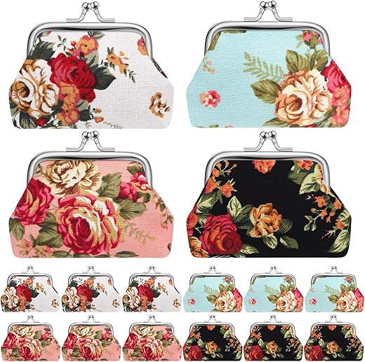 16 Pcs Canvas Floral Buckle Coin Purses Vintage Kiss Lock Change Purses Bulk Rose Flower Wallet For Women Girl(Small Size)