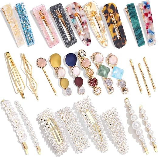 28 Pcs Hingwah Pearls And Acrylic Resin Hair Clips, Handmade Hair Barrettes, Marble Alligator Bobby Pins, Glitter Crystal Geometric Hairpin, Elegant Gold Hair Accessories, Gifts For Women Girls