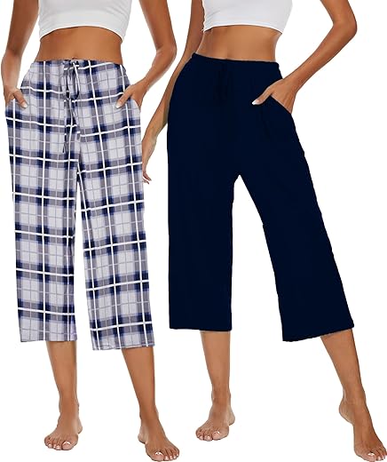 2 Pack Womens Pajama Pants Capri Sleep Lounge Pants Drawstring Pj Bottoms With Pockets