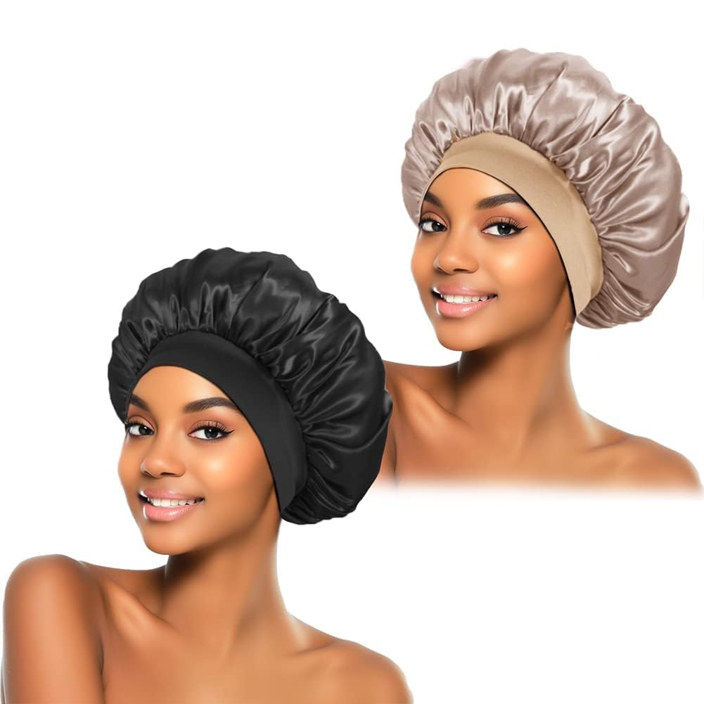 2Pcs Silk Bonnet For Sleeping, Satin Hair Bonnets, Soft Elastic Band Silk Sleep Cap, Hair Wrap For Women (Black Gold)