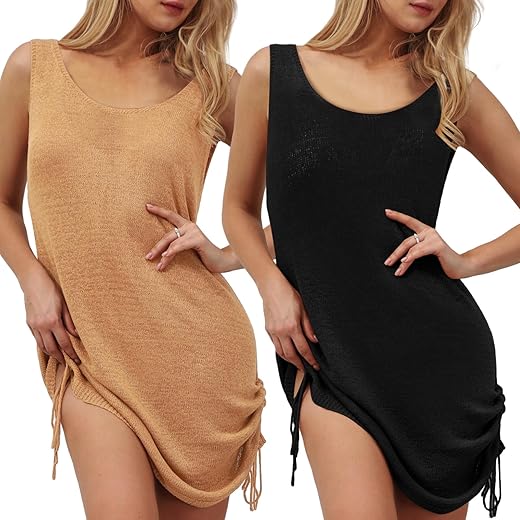 2 Pieces Women Crochet Swimsuit Cover Up Sleeveless Scoop Neck Bikini Skirt Tank Dress Outfit For Summer