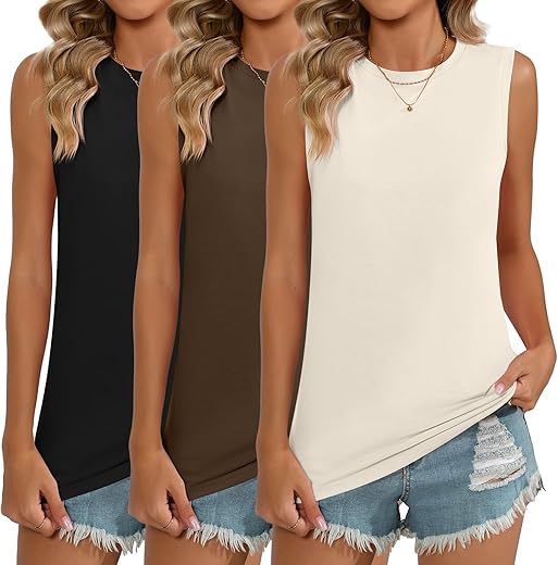 3 Pack Women'S Sleeveless Shirts, Loose Fit Tank Tops Casual Summer T Shirts Crew Neck Tunic Tops Ladies Flowy Tee