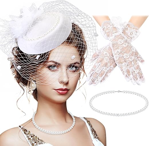 3 Pieces Fascinator Hat For Women Tea Party Derby Hat With Veil Feather Funeral Headpiece Lace Gloves Pearl Necklace