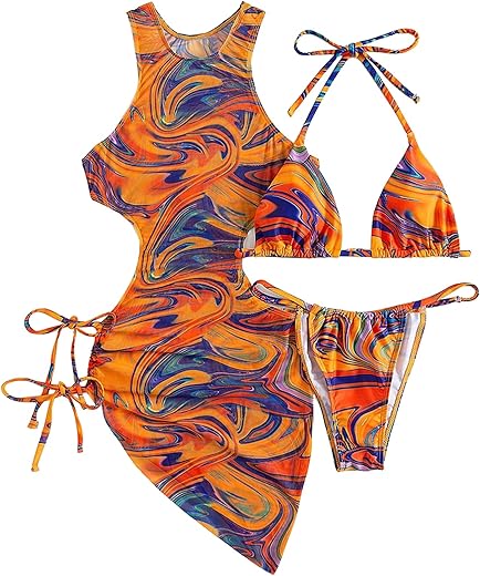 3 Piece Swimsuits for Women Padded Floral Print String Bikini Sets Bathing Suit Set Sexy Cutout High Neck Mesh Beach Cover Up