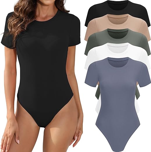 5 Pack Body Suits For Womens Short Sleeve Round Neck Casual Stretchy Basic T Shirt Bodysuit Tops