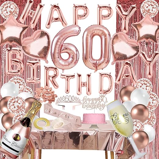 60Th Birthday Decorations Women - Rose Gold 60 Birthday Decor For Her, Happy Birthday Banner, Table Cloth, Cake Topper, Bday Sash, Crown, Balloons Set For Sixty Years Old Party Supplies