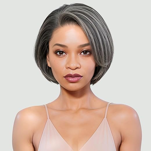 8 Inch Glueless Salt And Pepper Human Hair Wigs Straight 5X5 Hd Lace Closure Pre Cut Pre Plucked Hairline Grey Pixie Cut Short Bob Wigs Human Hair For Black Women