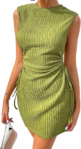 Acelitt Womens Summer Crewneck Sleeveless Cut Out Drawsting Ruched Mini Wedding Guest Dress