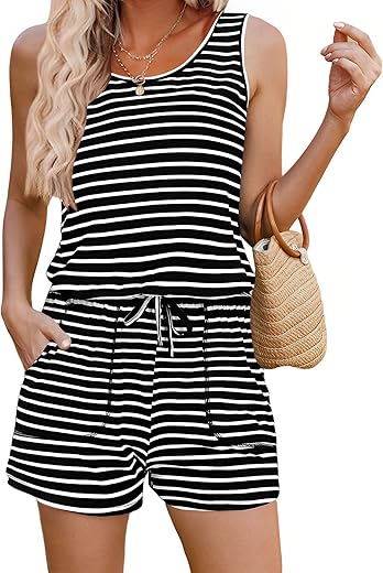 Adome Rompers For Women Summer Sleeveless Scoop Neck Tank Top Casual Short Jumpsuit Rompers With Pockets