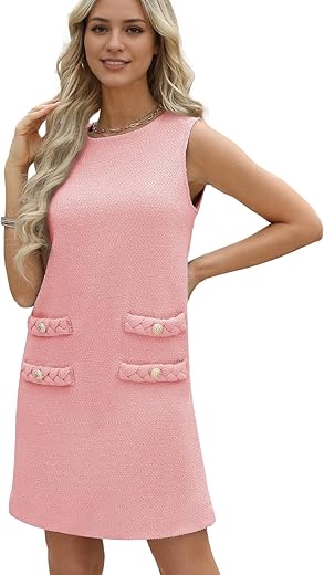 Ainangua Womens Tweed Jackie Dress Elegant Vintage Sleeveless A Line Business Mini Bodycon Skirt Holiday Dresses For Women