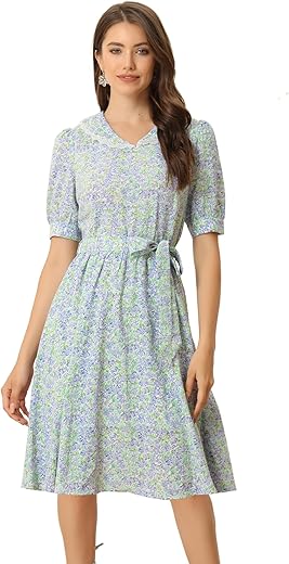 Allegra K Women'S Vintage Peter Pan Collar High Waist Flowy Midi Puff Sleeve Floral Dress