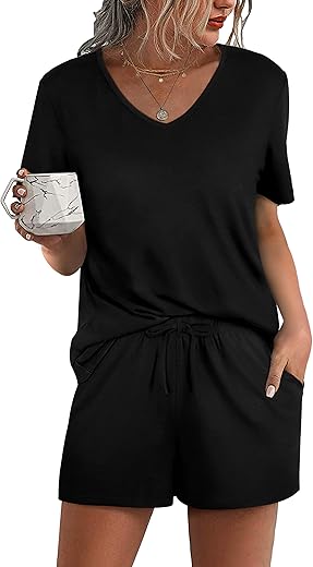 Aloodor Lounge Set For Women 2 Piece Outfits Short Sleeve V Neck Pjs Sleepwear Soft