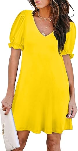 Aloodor Women'S Casual Dresses Short Sleeve V-Neck Dress With Pockets