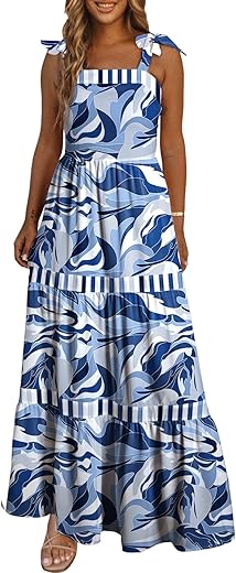 Alvaq Women'S 2024 Summer Sleeveless Floral Print Maxi Dress Strap Square Neck Beach Sun Dress