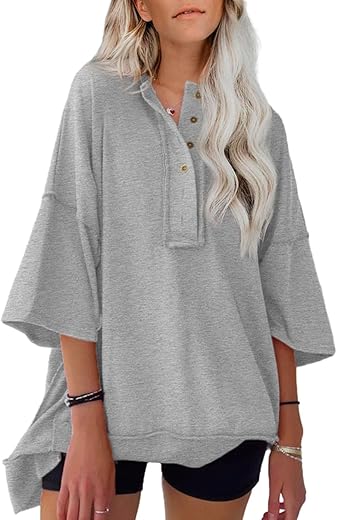 Alvaq Womens Oversized Short Sleeve Sweatshirt Summer Casual Loose Button Down Henley V Neck Pullover Tunic Tops Shirts