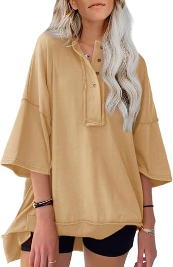 Alvaq Womens Oversized Short Sleeve Sweatshirt Summer Casual Loose Button Down Henley V Neck Pullover Tunic Tops Shirts