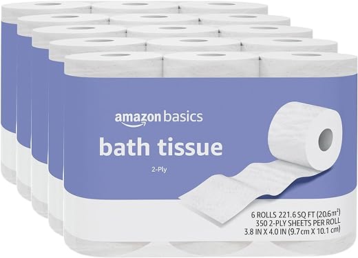 Amazon Basics 2-Ply Toilet Paper, 30 Rolls = 120 Regular Rolls, Unscented, 350 Sheet, (Pack Of 30)