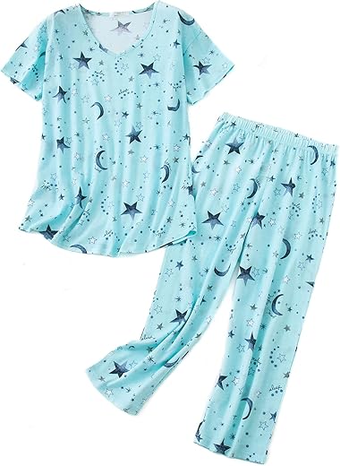 American Trends Women Short Sleeve Sleep Shirt Two Piece Pajama Set Tops With Capri Pants Cartoon Print Pj Set Sleepwear