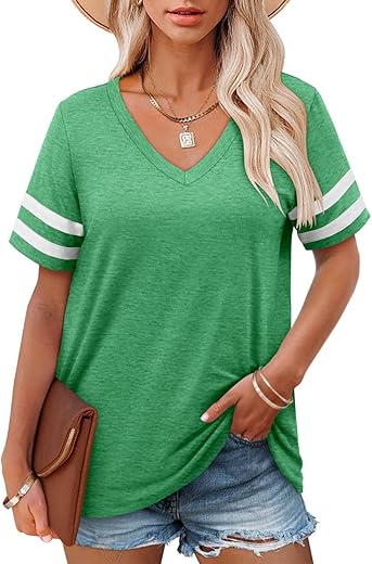 Angerella Casual Summer Tops For Women V Neck T Shirts Short Sleeve Tunic Tops Loose Fit