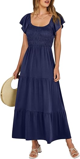 Anrabess Women’s 2024 Summer Casual Maxi Dress Flutter Sleeve Scoop Neck Smocked Tiered A Line Flowy Beach Long Sun Dresses