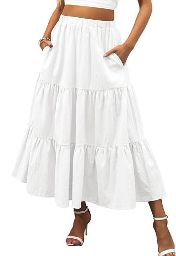 Anrabess Women’s Summer Boho Elastic Waist Pleated A-Line Flowy Swing Tiered Long Beach Skirt Dress With Pockets