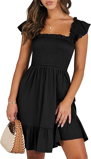 Anrabess Womens Summer Casual Sleeveless Square Neck Smocked Ruffle Backless Boho Mini Dress 2024 Trendy Short Sundress