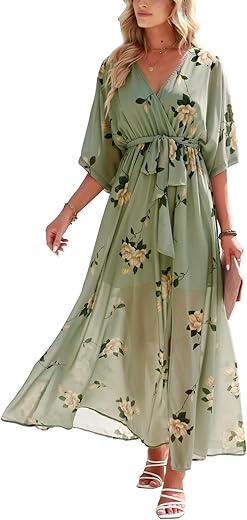 Anrabess Women’s Summer Loose Boho Flowy Wrap V Neck 3/4 Sleeve Floral Print Slit Beach Wedding Guest Long Maxi Dresses 2024