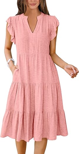 Anrabess Womens Summer Ruffle Sleeve V Neck Midi Dress 2024 Fashion Casual Fit Flowy Tiered Boho Beach Vacation Sundress