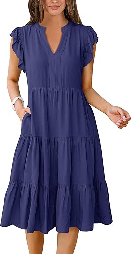 Anrabess Womens Summer Ruffle Sleeve V Neck Midi Dress 2024 Fashion Casual Fit Flowy Tiered Boho Beach Vacation Sundress