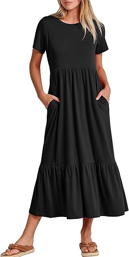 Anrabess Women Summer Casual Short Sleeve Crewneck Aline Swing Flowy Tiered Shirt Maxi Beach Long Dress 2024 Trendy Outfits