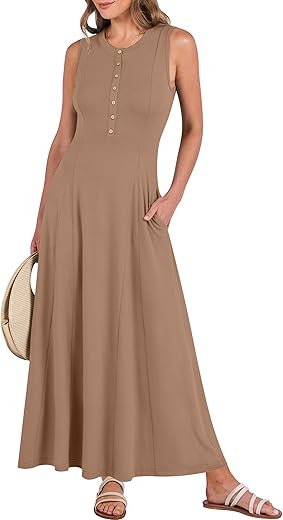 Anrabess Women Summer Casual Sleeveless Maxi Sundress Button Fit &Amp; Flare A-Line Flowy Long Dresses 2024 Beach Outfits