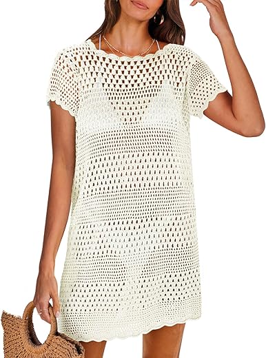 Anrabess Women Swimsuit Crochet Swim Cover Up Summer Bathing Suit Swimwear Knit Short Sleeve Pullover 2024 Beach Dress