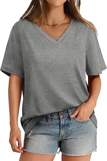 Aokosor Womens T Shirts V Neck Short Sleeve Casual Loose Tees Tops 2024 Trending Now