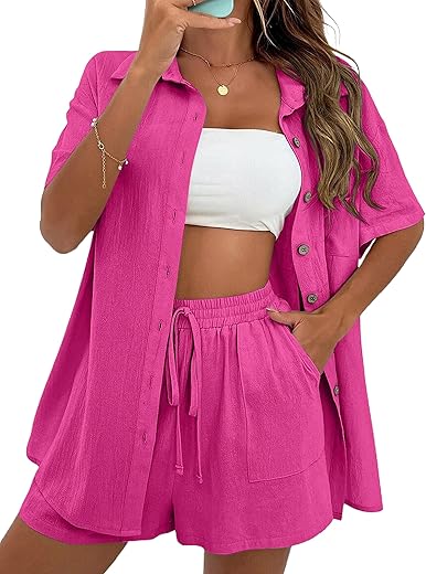 Apafes Women Summer Cotton Linen Short Sets 2 Piece Shorts Top Lounge Beach Vacation Two Piece Outfits Tracksuits