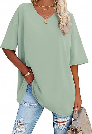 Athmile Womens Oversized T Shirts V Neck Tees Half Sleeve Cozy Comfy Tunic 2024 Y2K Tops Casual