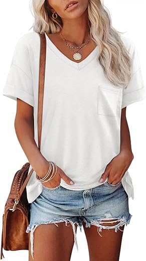 Athmile Womens T Shirts 2024 Short Sleeve V-Neck Shirts Cute Fit Summer Casual Tee Tops S-Xxl