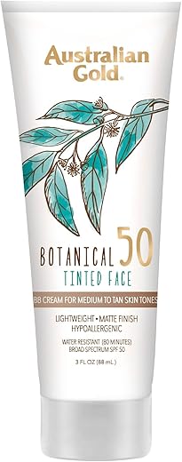 Australian Gold Botanical Spf 50 Tinted Mineral Sunscreen For Face, Non-Chemical Bb Cream, Water-Resistant, Matte Finish, For Sensitive Facial Skin, Medium To Tan Skin Tones, 3 Fl Oz