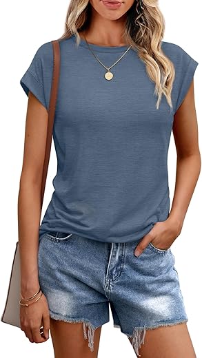 Automet Womens Tops Casual Dressy Basic T Shirts Loose Fit Crewneck Cap Sleeve Tee Summer Outfits 2024