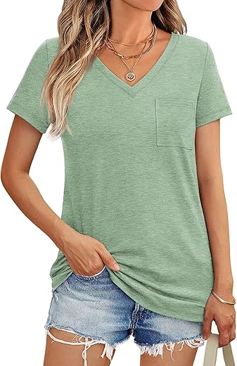 Automet Womens T Shirts Short Sleeve V Neck Tops With Pockets Summer Fashion Trendy Soft Casual Comfy Outfits Clothes 2024