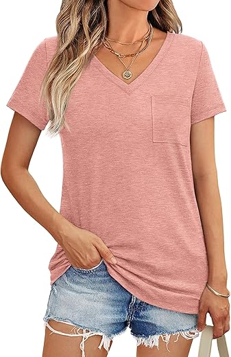 Automet Womens T Shirts Short Sleeve V Neck Tops With Pockets Summer Fashion Trendy Soft Casual Comfy Outfits Clothes 2024