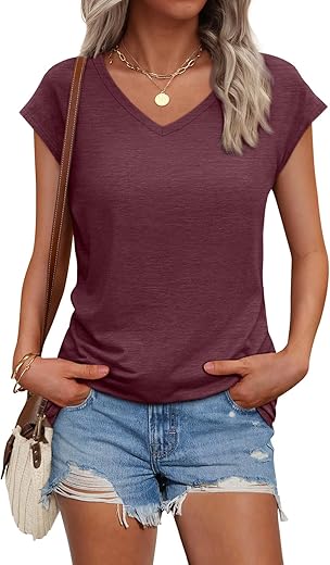 Automet Womens V Neck Tshirts Cap Sleeve Casual Tops Oversized Cute T Shirts Summer Clothes Trendy Basics Tees Clothing