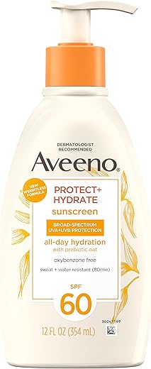 Aveeno Protect + Hydrate Sunscreen Moisturizing Body Lotion With Broad Spectrum Spf 60 And Prebiotic Oat, Weightless, Paraben, Oxybenzone, And Oil Free Sunscreen, 12 Fl Oz