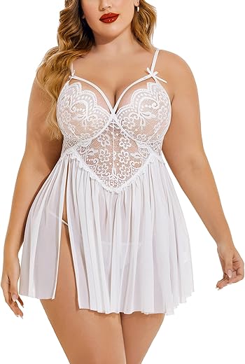 Avidlove Plus Size Lingerie Lace Babydoll Womens Strap Chemise Nightgown V Neck Nighty Mesh Sleepwear Side Slit Nightdress