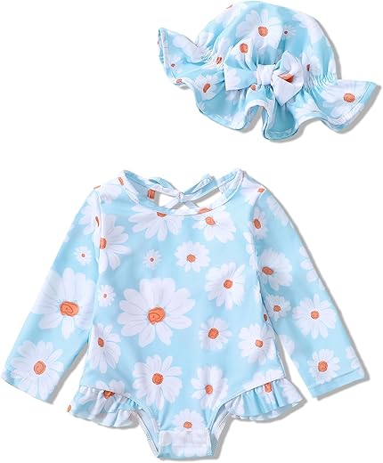 Baby Girls One Piece Swimsuit Long Sleeve Floral Bathing Suit+Hat 2Pcs