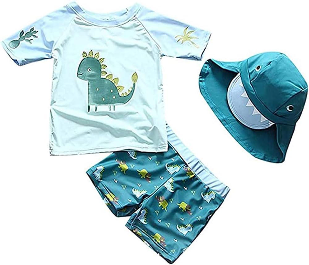 Baby Toddler Boys Two Pieces Swimsuit Set Swimwear Dinosaur Bathing Suit Rash Guards With Hat Upf 50+