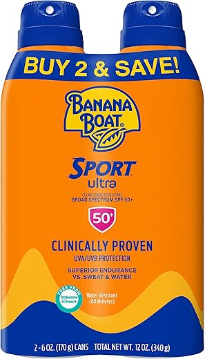 Banana Boat Sport Ultra Spf 50 Sunscreen Spray Twin Pack | Banana Boat Sunscreen Spray Spf 50, Spray On Sunscreen, Water Resistant Sunscreen, Oxybenzone Free Sunscreen Pack, 6Oz Each