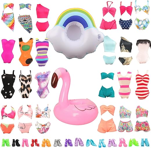 Barwa 12 Items 5 Psc Swimsuits Bathing Clothes Bikini One Piece With 2 Pool Floaties With 5 Shoes For 11.5 Inch Doll