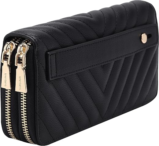 B Brentano Vegan Leather Double Zipper Pocket Wallet With Grip Hand Strap (Chevron Embroidered Black)